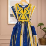 Authentic Handmade Northern Ghana Batakari Fugu Smock Dress for Women – Vibrant Blue, Yellow & Beige Stripes with Bold Geometric Embroidery