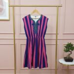 Playful Handmade Northern Ghanaian Batakari Fugu Smock Dress for Ladies - Pink and Blue Stripes