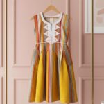 Classic Handmade Northern Ghanaian Batakari Fugu Smock Dress for Ladies - Navy Blue, Yellow, and Red Stripes