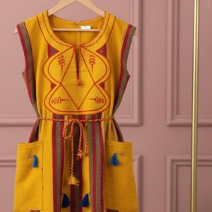 Elegant Handmade Northern Ghanaian Batakari Fugu Smock Dress for Ladies - Sunny Yellow with Multicolor Stripes