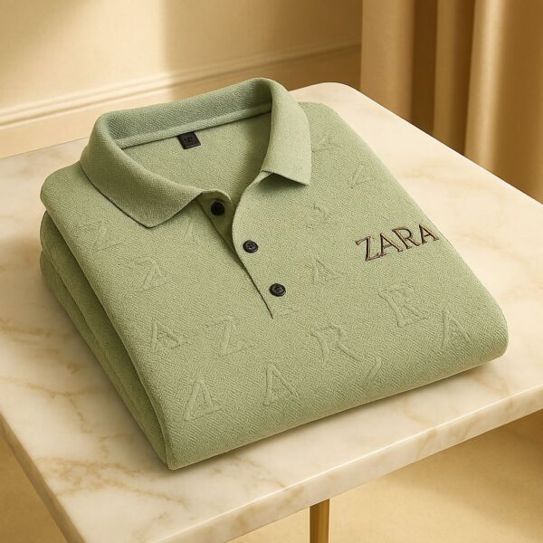 Zara Sage Green Polo Shirt for men with embroidered logo, stylish cotton polo for casual and smart wear.