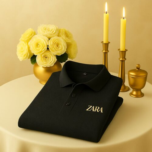 Zara Black Polo Shirt for men with embroidered logo, classic cotton polo for casual and formal looks.