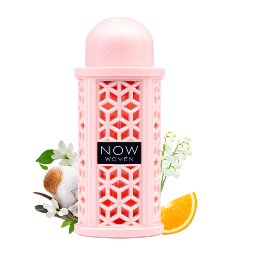 Lattafa Rave Now Women perfume bottle in pastel pink design with honeycomb pattern and black label on a clean white background.