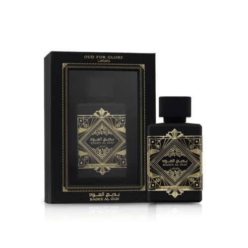 Lattafa Bade’e Al Oud Oud for Glory Eau de Parfum 100ml in black bottle with gold geometric design and matching box.