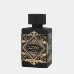 Lattafa Bade’e Al Oud Oud for Glory Eau de Parfum 100ml in a matte black bottle with gold geometric design, no box.