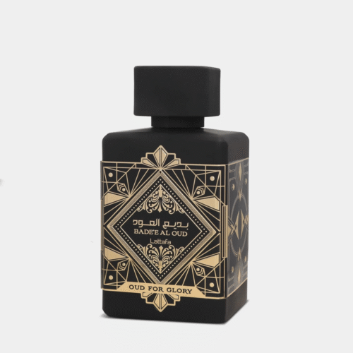 Lattafa Bade’e Al Oud Oud for Glory Eau de Parfum 100ml in a matte black bottle with gold geometric design, no box.