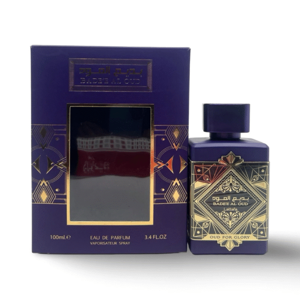 Lattafa Bade’e Al Oud Oud for Glory Eau de Parfum 100ml in a purple bottle with gold geometric design, shown with matching purple box.