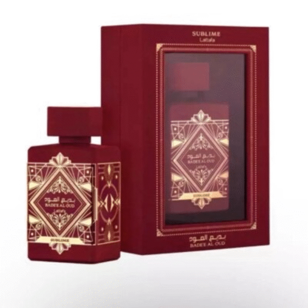 “Lattafa Bade’e Al Oud Sublime Eau de Parfum 100ml in a red box with gold geometric design