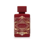 “Lattafa Bade’e Al Oud Sublime Eau de Parfum 100ml in a red bottle with gold geometric design, shown with matching red box