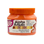 Alpha Arbutin Sugar Scrub jar with orange lid on white background, labeled with AHA 30% and BHA 2%, 650g exfoliating body scrub for brightening and smooth skin.