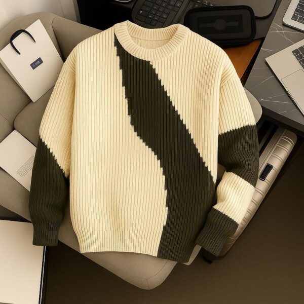 Stylish Two-Tone Knit Sweater || Cream and Olive Green Design - Image 1