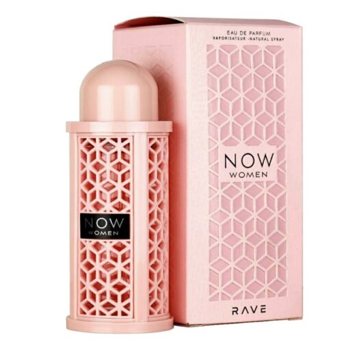Lattafa Rave Now Women perfume bottle in pastel pink design with honeycomb pattern and black label on a clean white background.