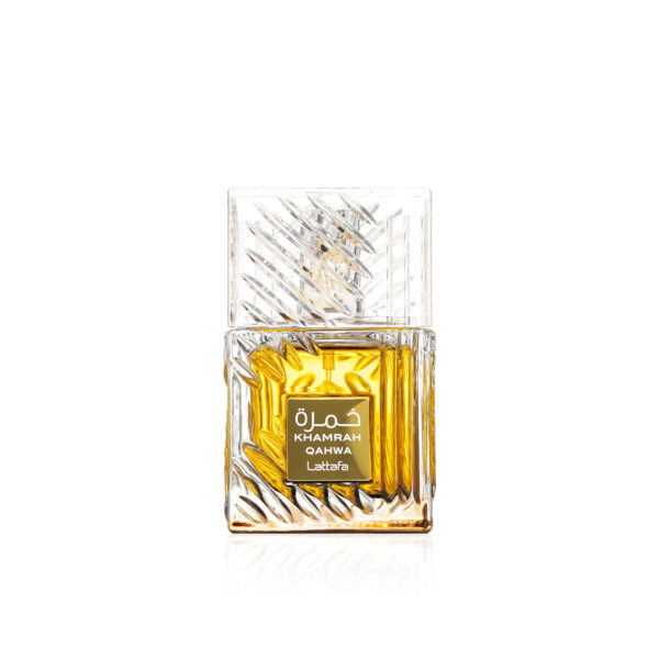 Lattafa Khamrah Qahwa perfume bottle with amber liquid in a crystal-cut glass design on a white background.