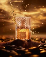 Lattafa Khamrah Qahwa perfume bottle with amber liquid, surrounded by coffee beans and golden splashes, luxury fragrance presentation.