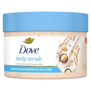 “Dove Body Scrub Crushed Macadamia & Rice Milk in jar packaging, gentle exfoliating body scrub for smooth skin.”