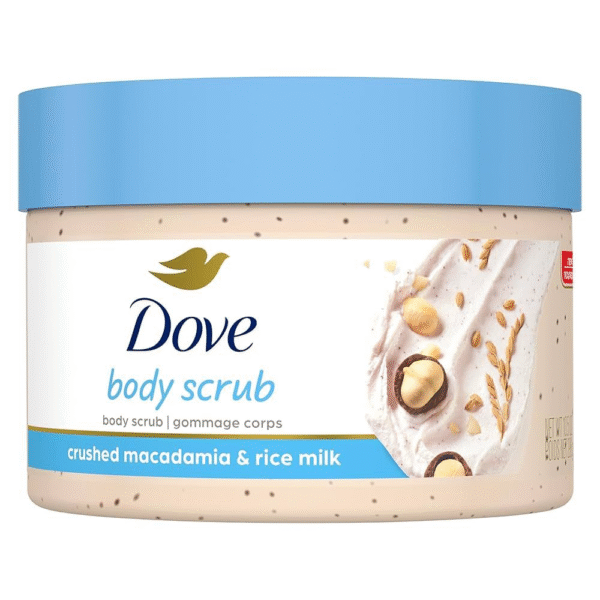 “Dove Body Scrub Crushed Macadamia & Rice Milk in jar packaging, gentle exfoliating body scrub for smooth skin.”