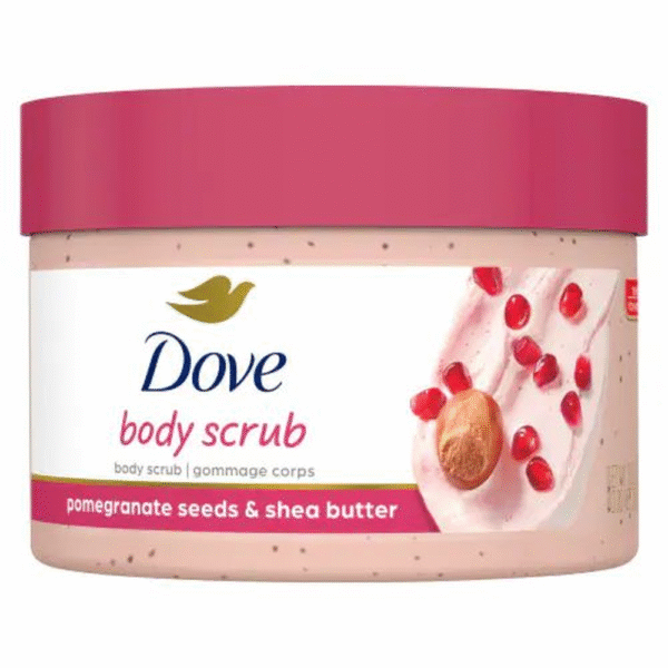 Dove Body Scrub Pomegranate Seeds and Shea Butter in jar with pink lid and label, exfoliating scrub for soft and refreshed skin.