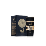 Lattafa Asad Eau de Parfum 100ml in a luxurious black and gold bottle, bold men’s fragrance with woody and spicy notes.