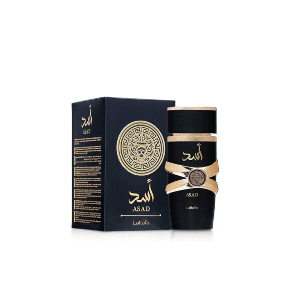 Lattafa Asad Eau de Parfum 100ml in a luxurious black and gold bottle, bold men’s fragrance with woody and spicy notes.
