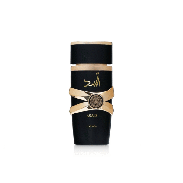 Lattafa Asad Eau de Parfum 100ml in a luxurious black and gold bottle, bold men’s fragrance with woody and spicy notes.