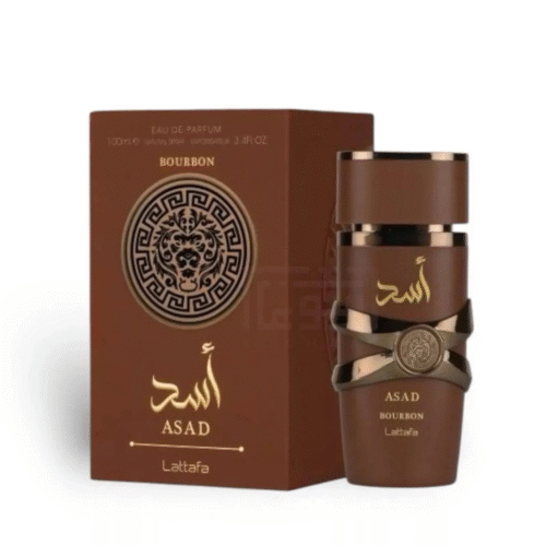 Lattafa Asad Bourbon Eau de Parfum 100ml in a rich brown bottle, warm oriental fragrance with notes of bourbon and spice.