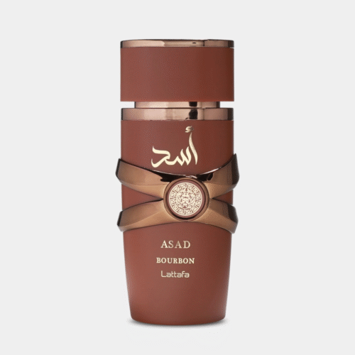 Lattafa Asad Bourbon Eau de Parfum 100ml in a rich brown bottle, warm oriental fragrance with notes of bourbon and spice.