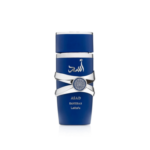 Lattafa Asad Zanzibar Eau de Parfum 100ml in a striking blue bottle, fresh oriental fragrance inspired by the spirit of Zanzibar.