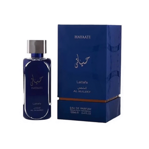 Lattafa Hayaati Al Maleky Eau de Parfum 100ml in a sleek black bottle with box, a bold men’s fragrance with spicy, woody, and oriental notes.