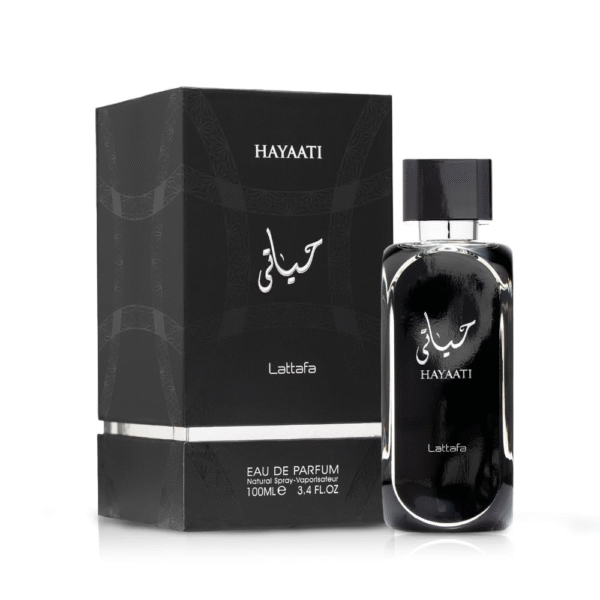 Shop Lattafa Hayaati Black Eau de Parfum 100ml, a men’s fragrance with citrus, spice, and woody notes designed for lasting freshness and style.
