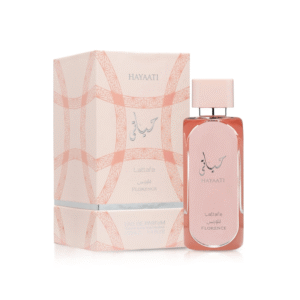 Lattafa Hayaati Florence Women Eau de Parfum 100ml in a chic pink bottle with matching box, a feminine fragrance with floral and fruity notes.