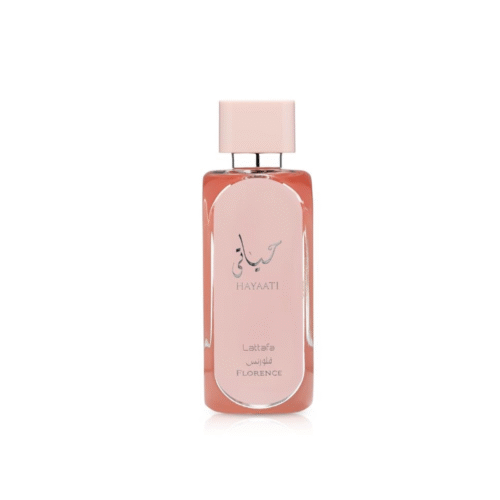 Lattafa Hayaati Florence Women Eau de Parfum 100ml in a chic pink bottle with matching box, a feminine fragrance with floral and fruity notes.