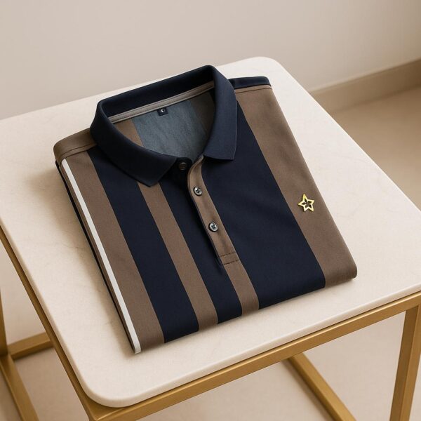 Turkish Heavy Striped Lacoste Polo || Navy and Taupe with Gold Star - Image 1