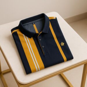 Turkish Heavy Striped Lacoste Polo || Navy and Yellow with Gold Star