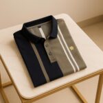 Turkish Heavy Striped Lacoste Polo || Navy and Taupe with Gold Star