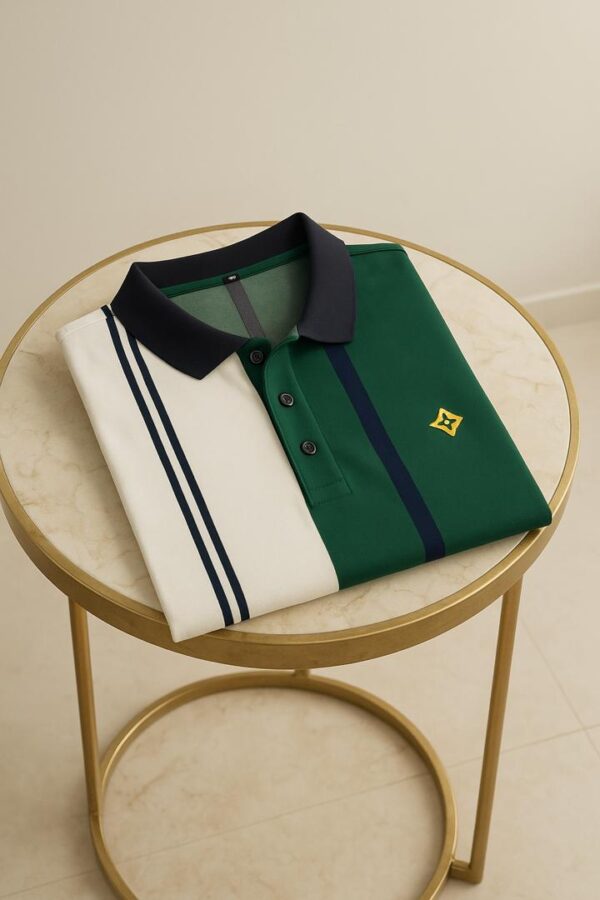 Turkish Heavy Striped Lacoste Polo  || Green and White with Gold Star - Image 1
