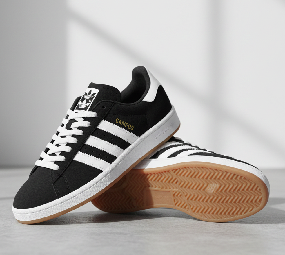 1763994893570 Adidas Campus - Black with White Stripes and Gum Sole - Image 1