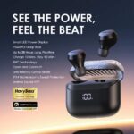 Oraimo AirBuds 4 ENC wireless earbuds with charging case showing LED battery display, HavyBass sound tuning, 38-hour playtime, and IPX4 waterproof features